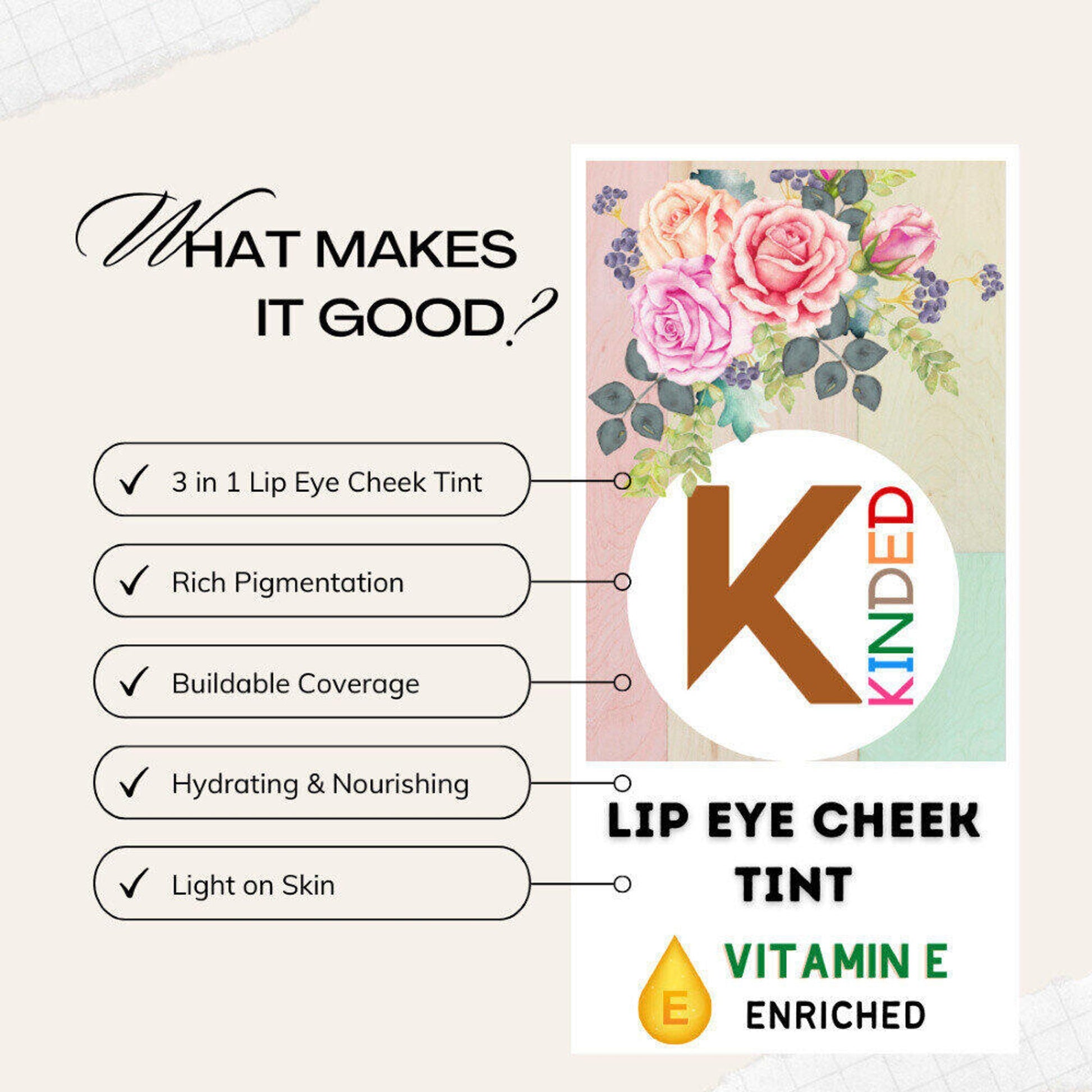 KINDED Lip, Eye & Cheek Tint with Vitamin-E Enriched - 03 Vermilion Red