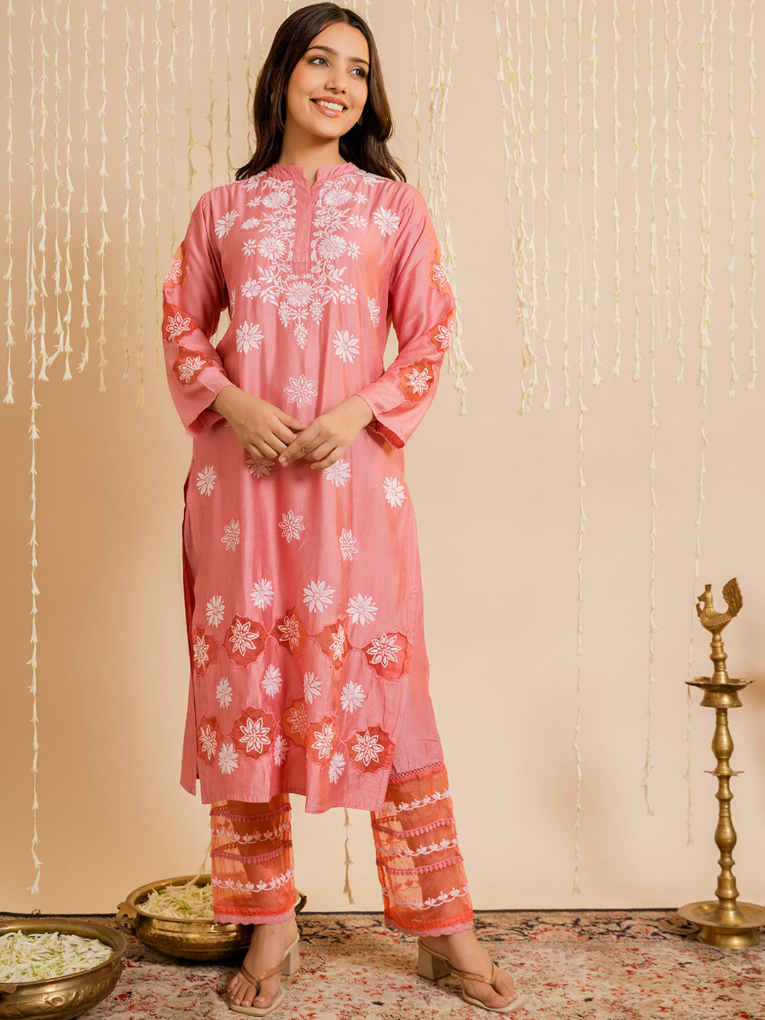 HOUSE OF KARI Ethnic Motifs Embroidered Chikankari Straight Chanderi Silk Kurta 