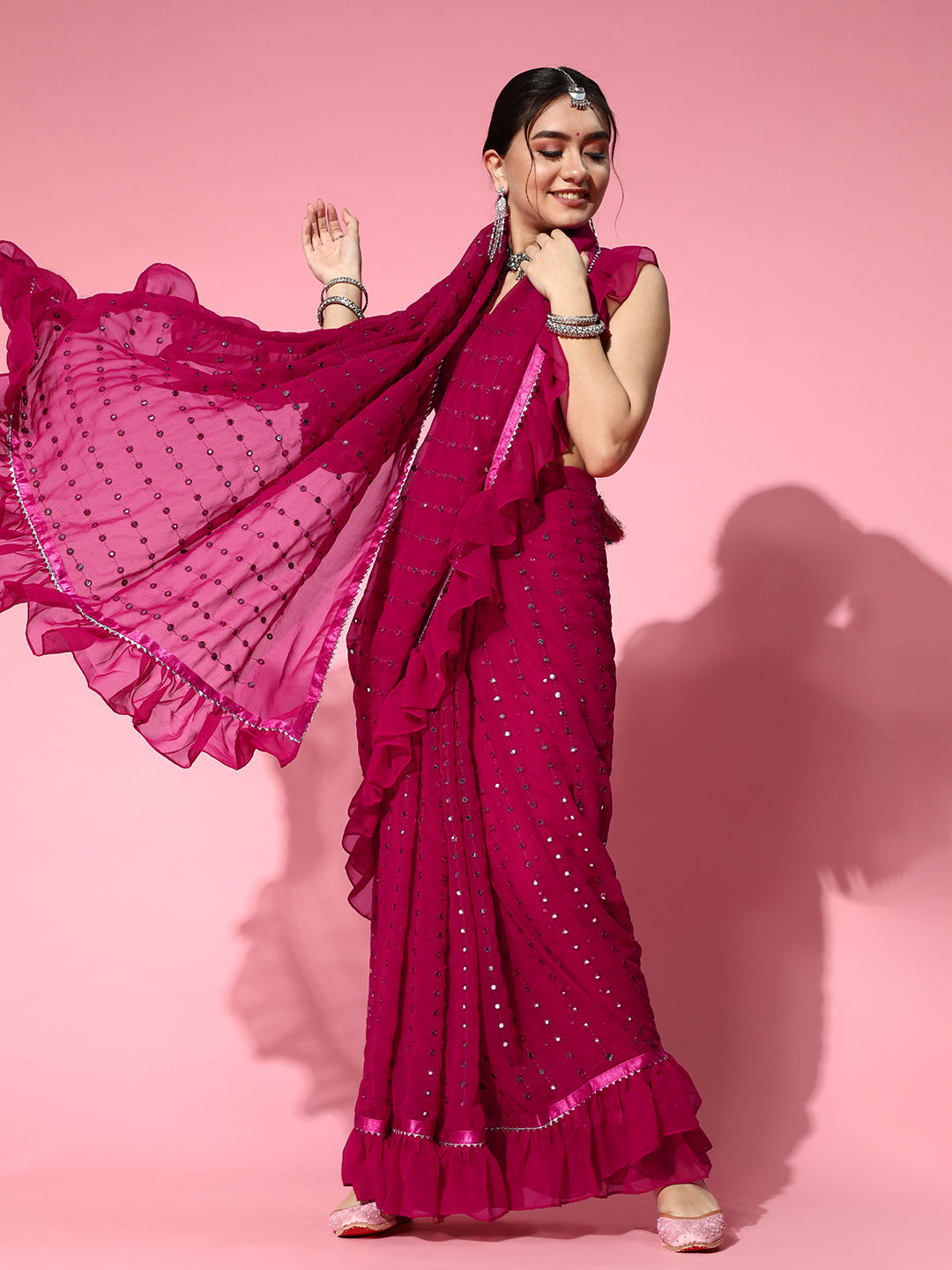 Tikhi Imli Embellished Poly-Georgette Grab2Buy with Solid border 