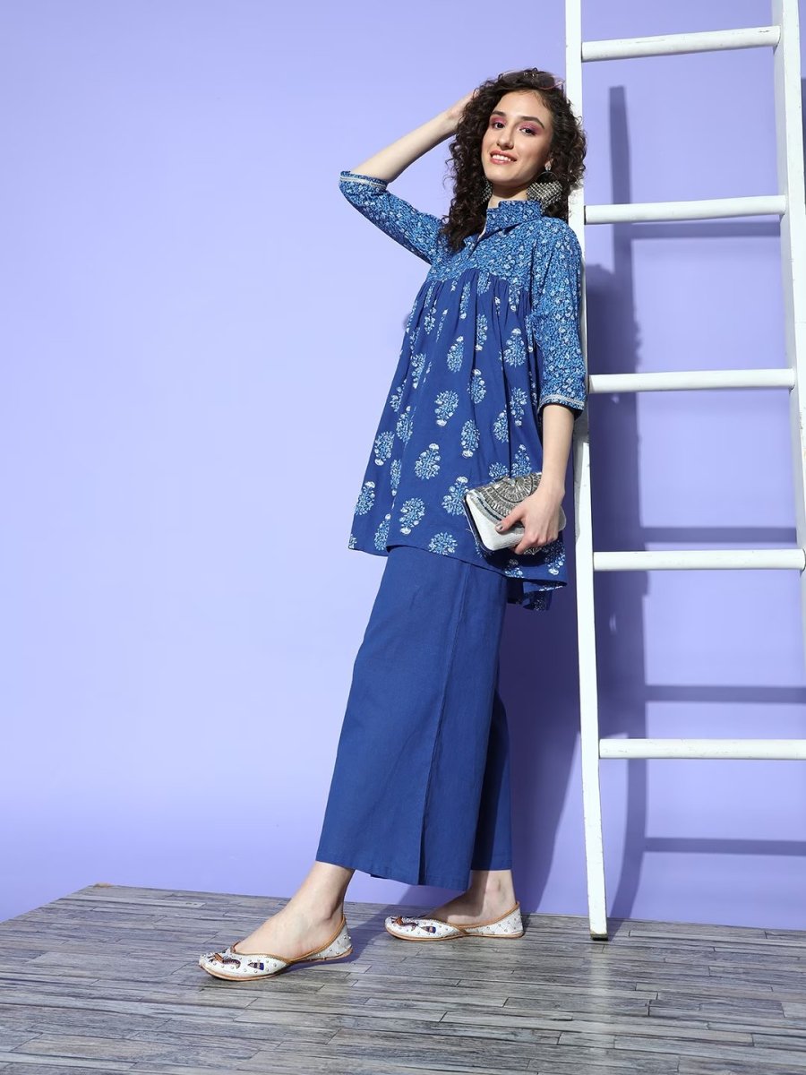 Ahalyaa Blue Pure Cotton Tunic & Palazzos Ethnic Co-Ords 