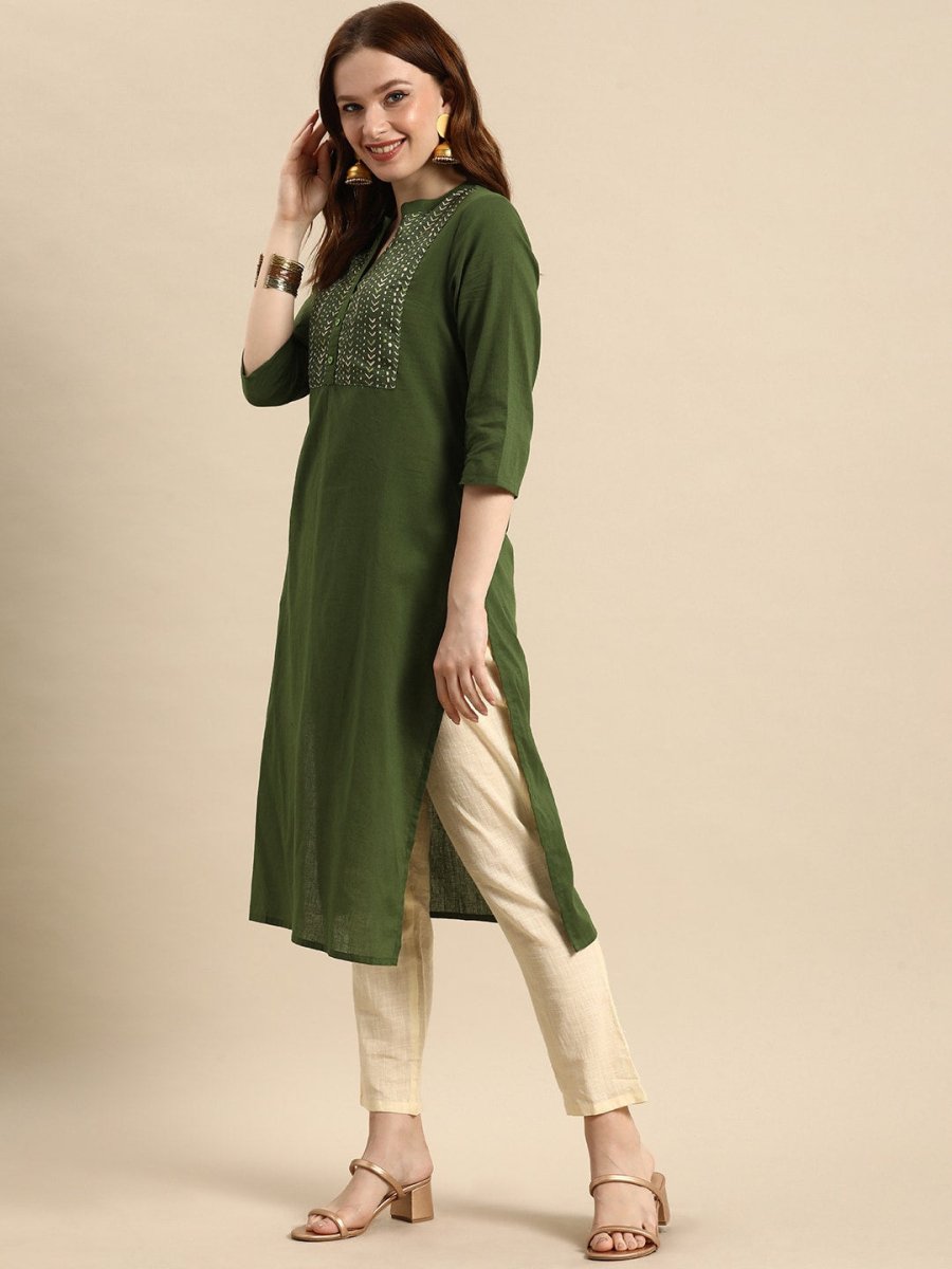 All About You Women Olive Green Geometric Yoke Design Pure Cotton Kurta