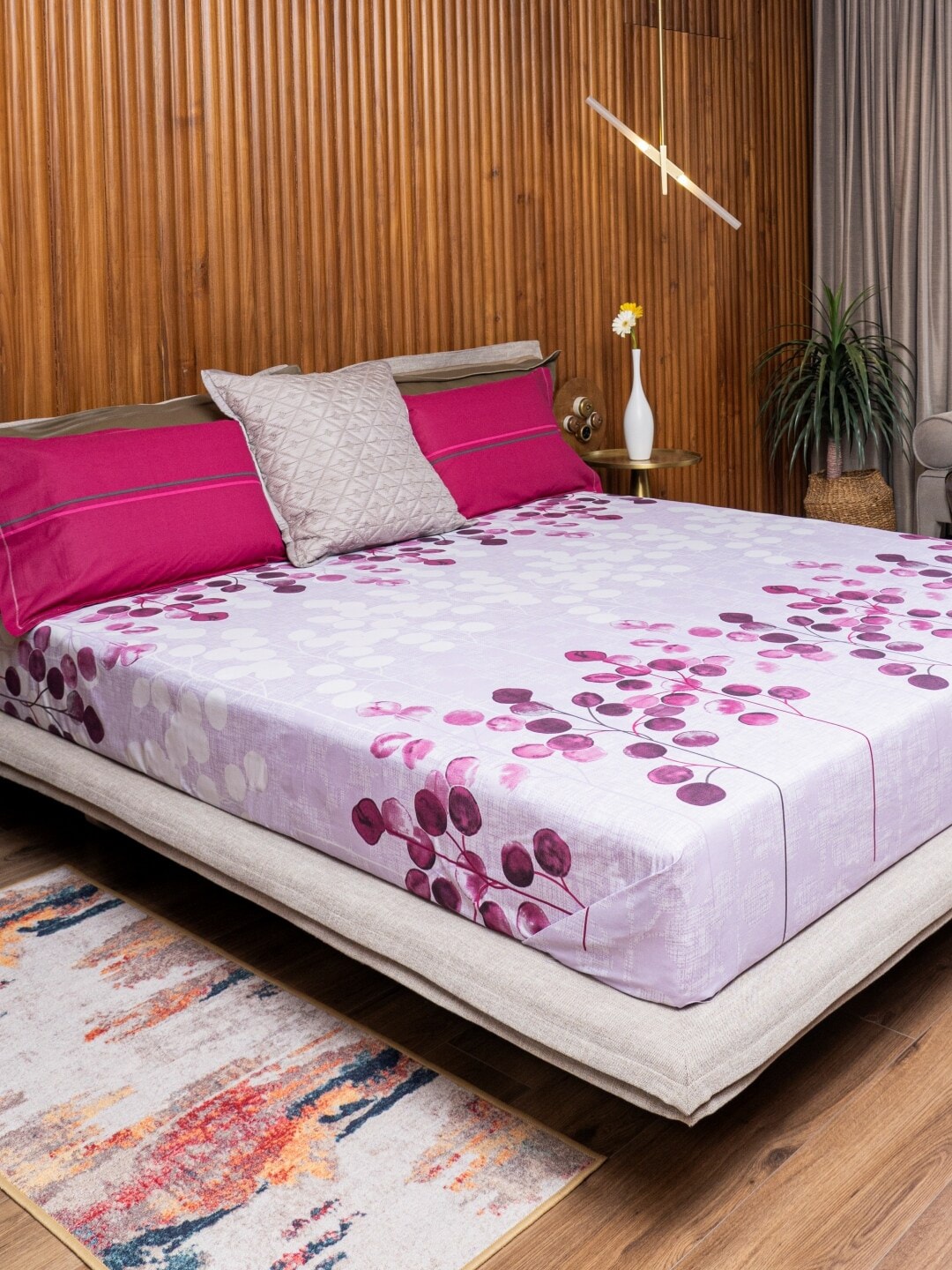 URBAN SPACE Divine Purple Floral 144 TC Pure Cotton Queen Bedsheet With 2 Pillow Covers 