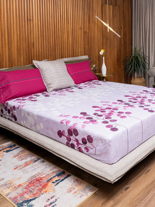 URBAN SPACE Divine Purple Floral 144 TC Pure Cotton Queen Bedsheet With 2 Pillow Covers 