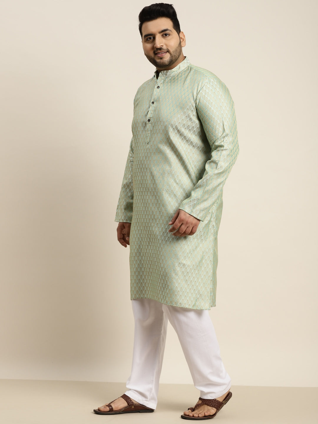 Sojanya Plus Men Green Jacquard Self Design Kurta with Pyjamas 