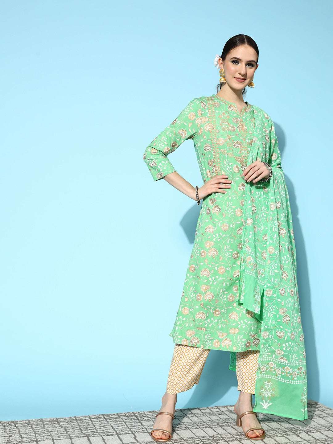 HERE&NOW Women Ethnic Motifs Printed Thread Work Kurta with Trousers & Dupatta