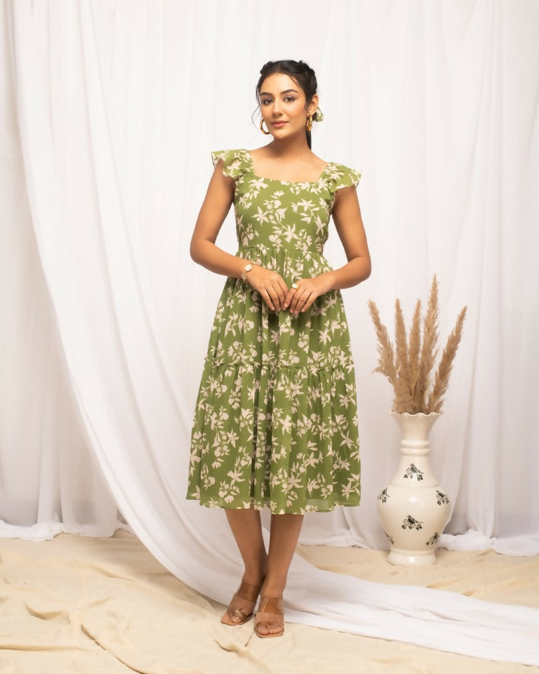 FIORRA Women's Mehandi Green Georgette Floral Printed Dress 