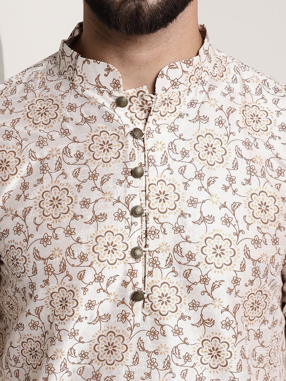 Sojanya Men Cream-Coloured & Brown Silk Cotton Printed Regular Kurta with Churidar 