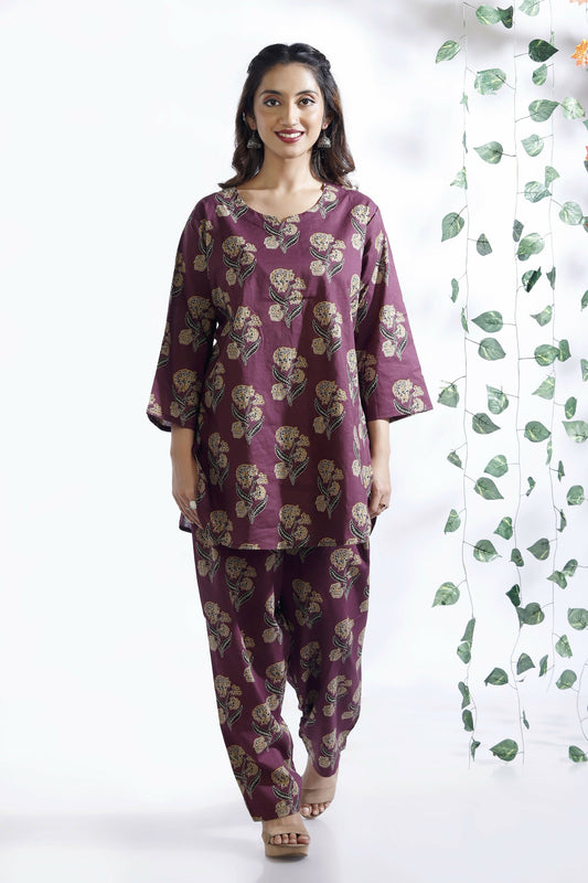 Breathables Wine Butta Cotton Co-Ord Set – Kurta With Straight Pants