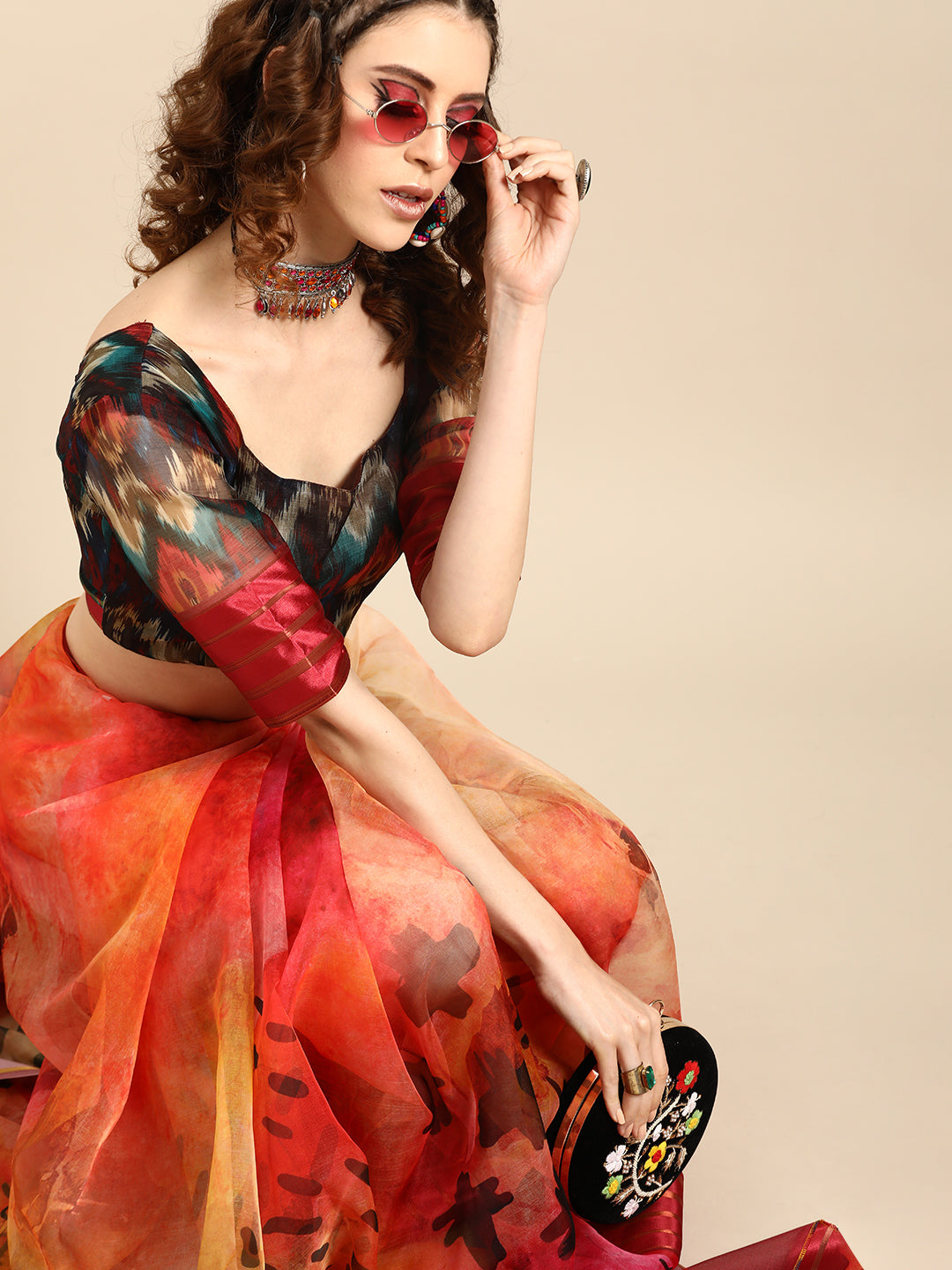Saree Mall Red & Black Organza Printed Saree