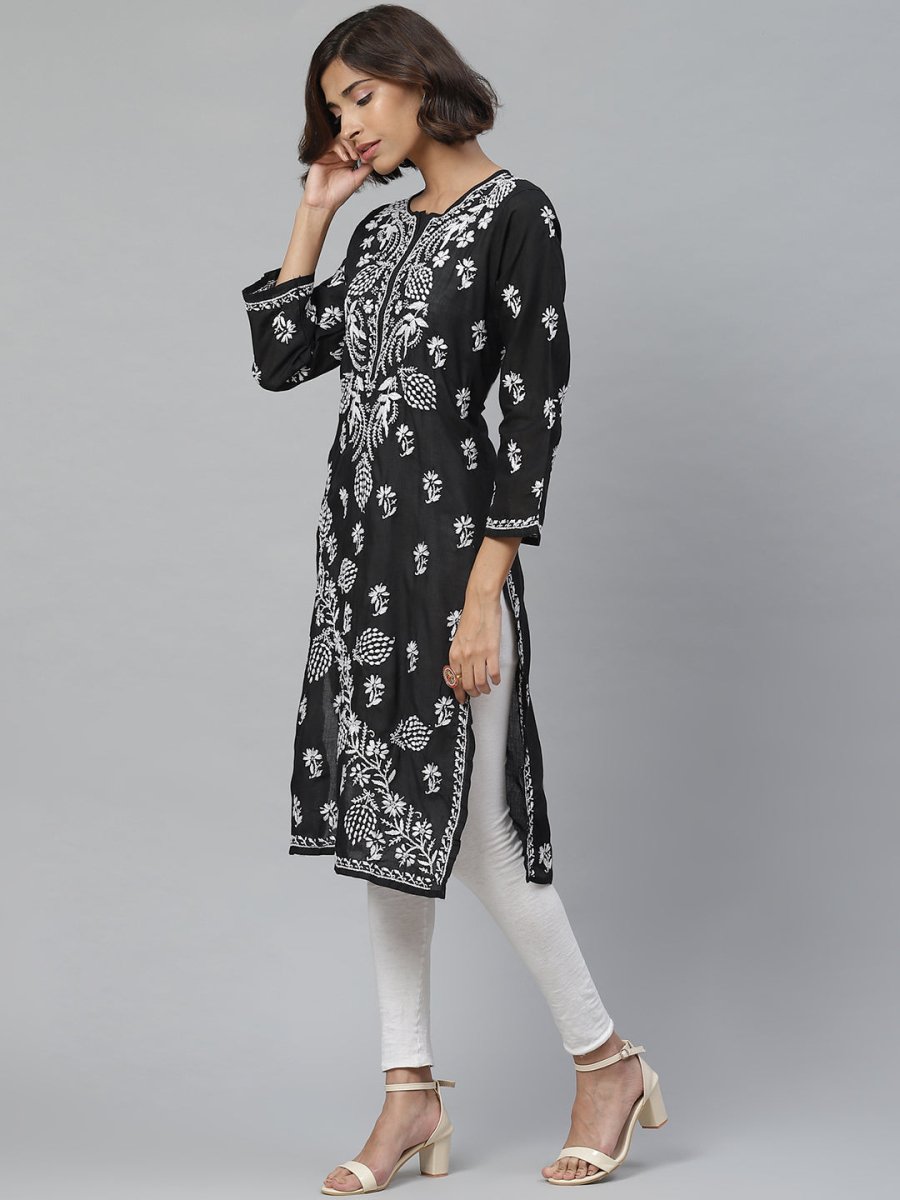 ADA Women Black & White Chikankari Embroidered Straight Sustainable Handloom Kurta 