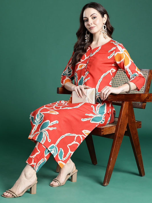 Indo Era Floral Printed Regular Pure Cotton Kurta with Trousers