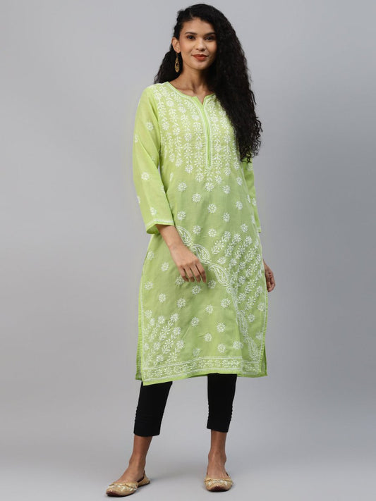 ADA Women Green & White Ethnic Motifs Chikankari Hand Embroidered Sustainable Kurta 