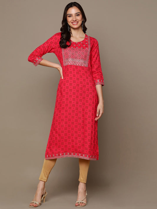HERE&NOW Ethnic Motifs Printed Sequined Embroidered Straight Kurta
