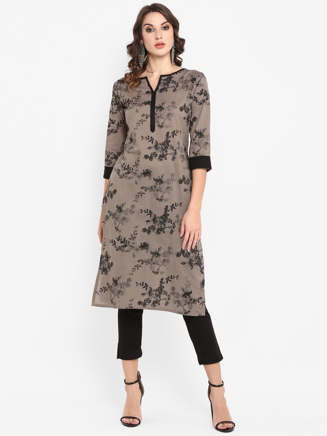 Janasya Women Taupe & Black Printed Straight Kurta