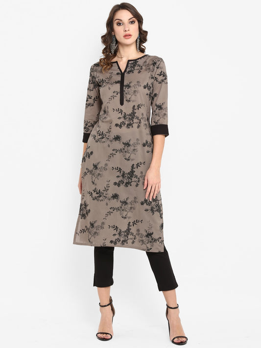 Janasya Women Taupe & Black Printed Straight Kurta