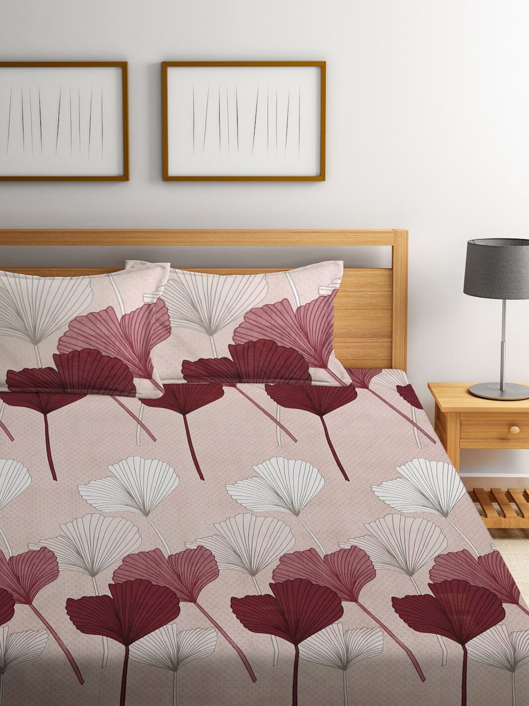 KLOTTHE Beige Floral 300 TC Cotton Blend Double Bedsheet Set 