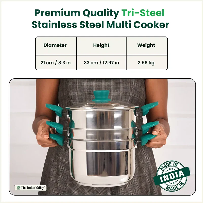 The Indus Valley Tri-steel Multi Cooker Pot Premium Stainless Steel Momo Maker/ Idiyappam/ Biryani/ Veg Steaming Set, 3 Pots, 21cm  Grab2Buy The Indus Valley Grab2Buy