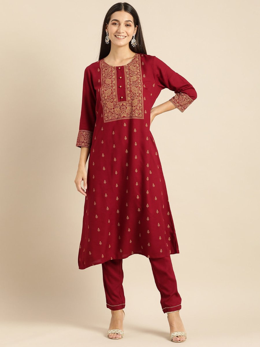 All About You Women Maroon Printed Kurta with Trousers
