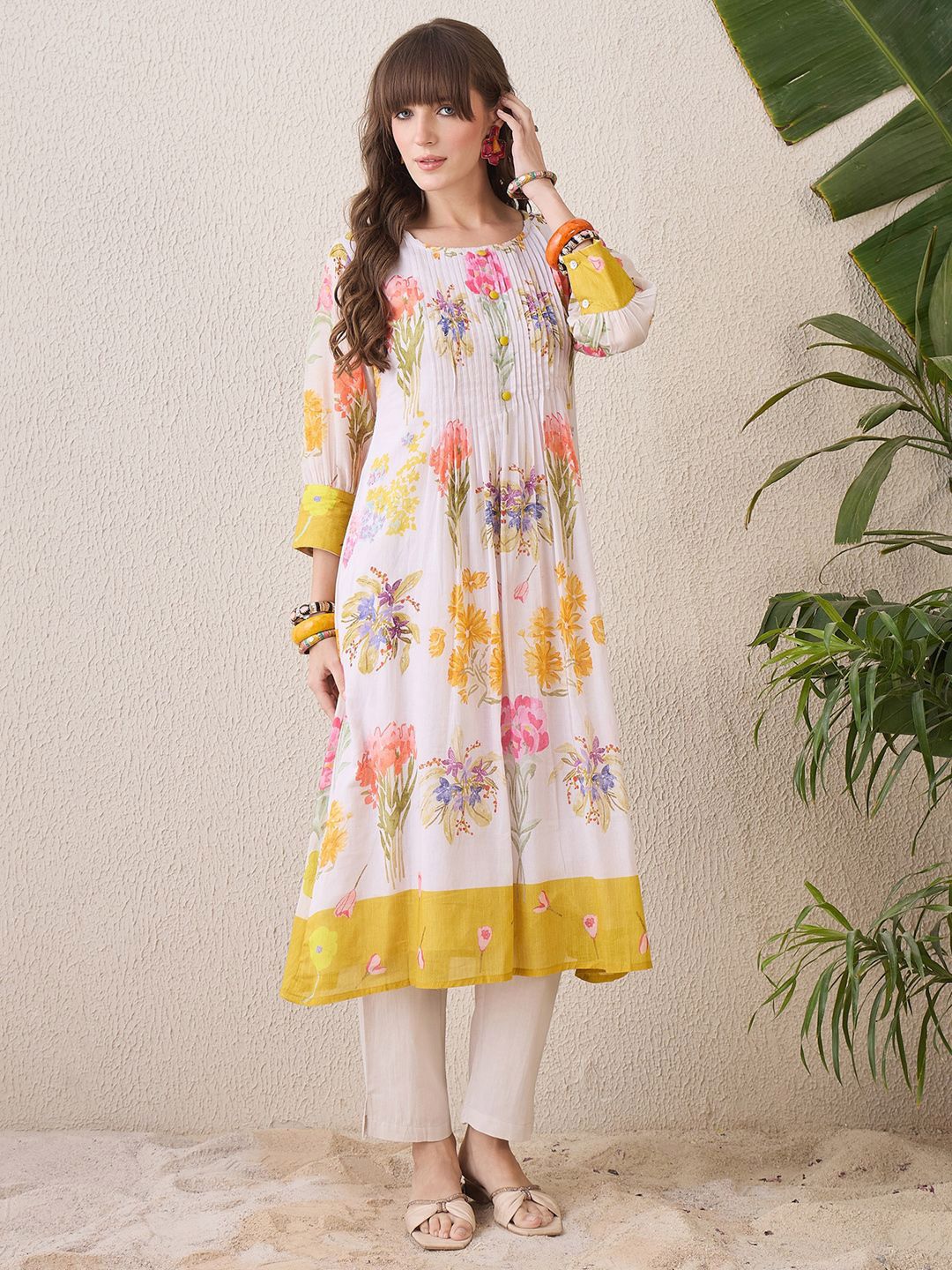 Indo Era Floral Printed Round Neck Pure Cotton Straight Kurta With Trouser