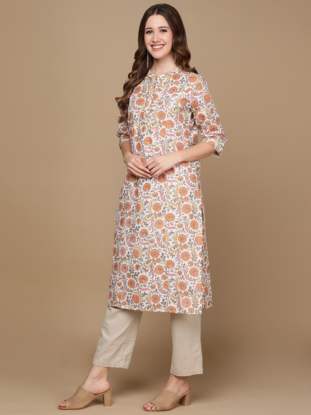 HERE&NOW White & Yellow Floral Printed Sequined Cotton Kurta