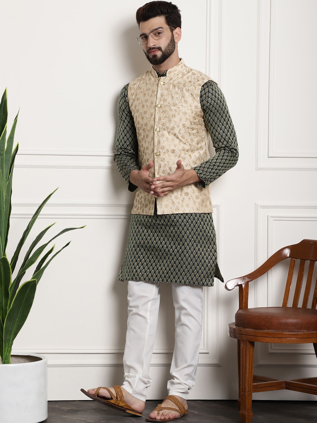 Sojanya Woven Design Mandarin Collar Kurta with Churidar & Nehru Jacket 