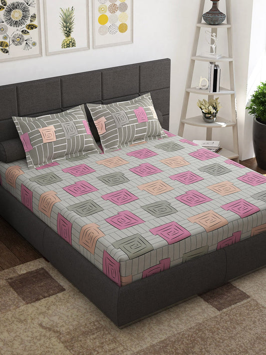 Story@home Beige & White Geometric Cotton 152 TC Queen Bedsheet With 2 Pillow Covers | Grab2Buy