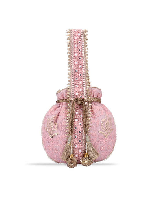 Masq Pink and Gold-Toned Embroidered Potli Clutch - Grab2buy