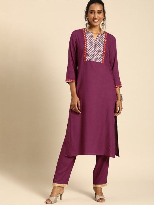 All About You Women Purple Ethnic Motifs Yoke Design Regular Thread Work Kurta with Trousers