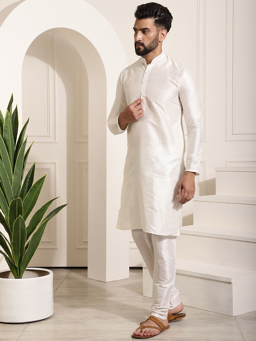Sojanya Band Collar Straight Kurta & Churidar with Nehru jacket 