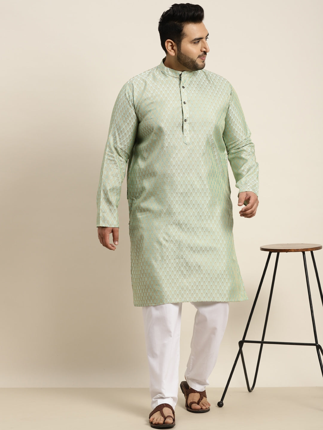 Sojanya Plus Men Green Jacquard Self Design Kurta with Pyjamas 