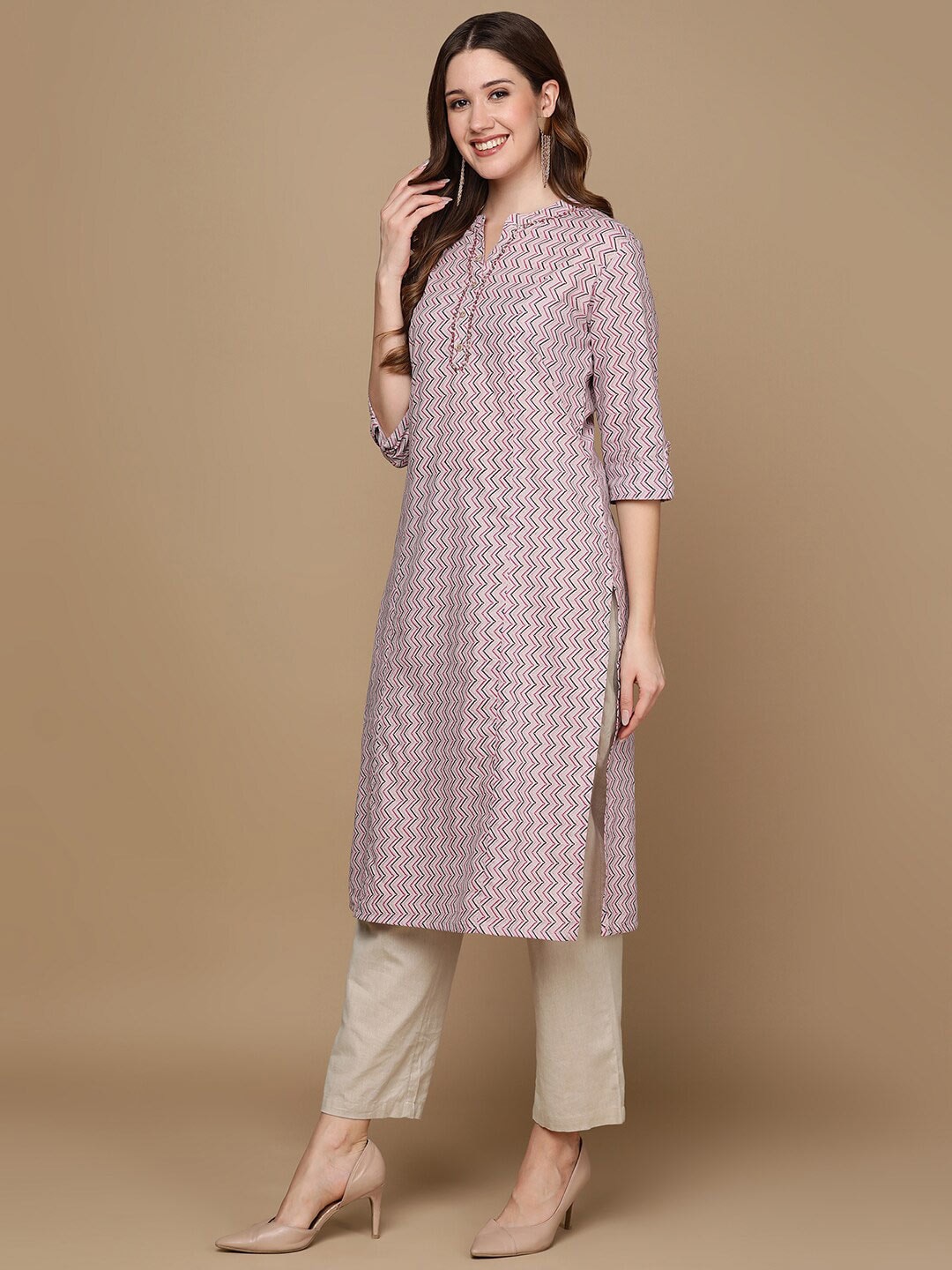 HERE&NOW Pink & Brown Chevron Printed Sequined Pure Cotton Kurta
