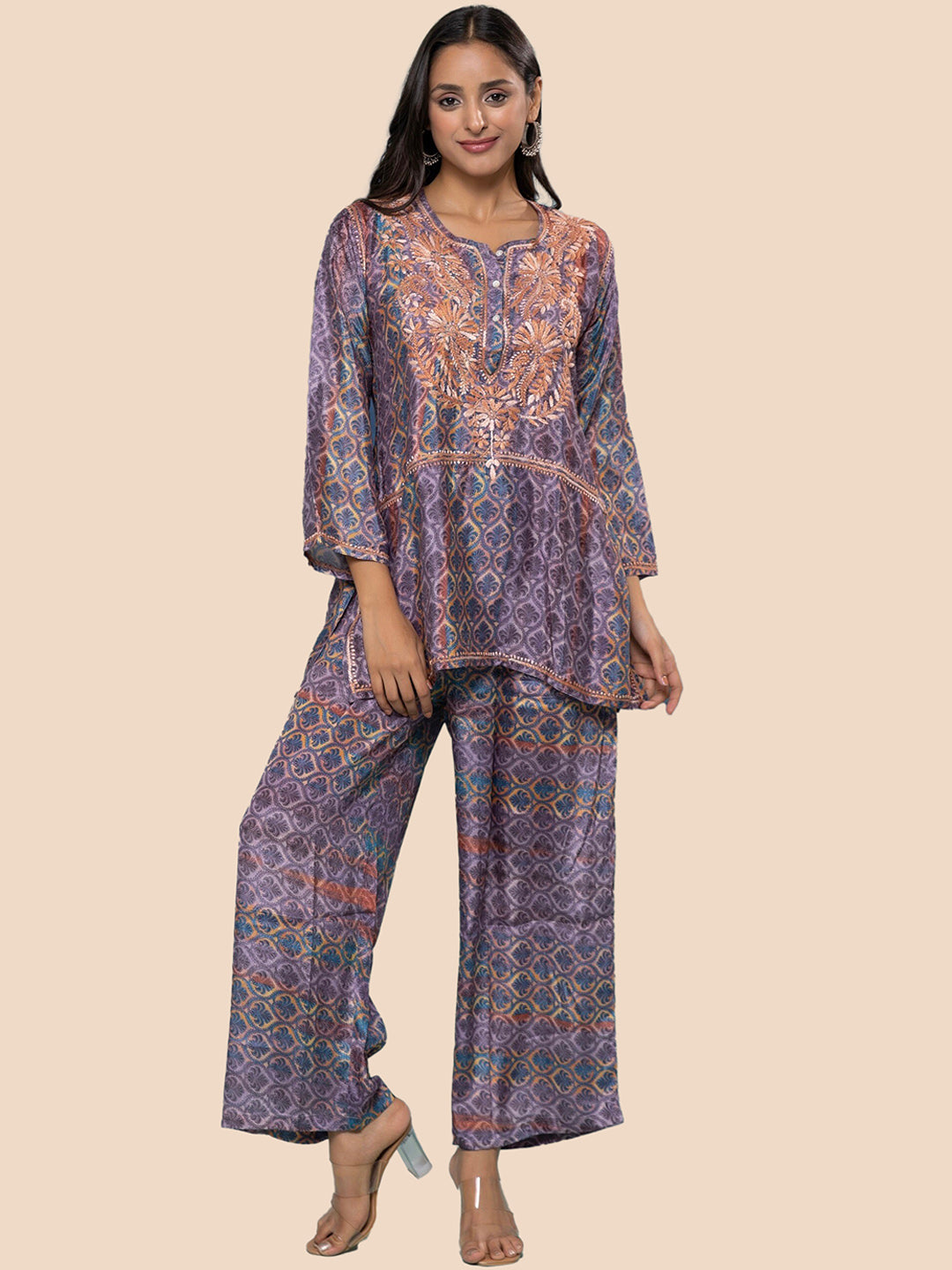 HOUSE OF KARI Floral Embroidered Regular Chikankari Straight Kurta with Palazzos 