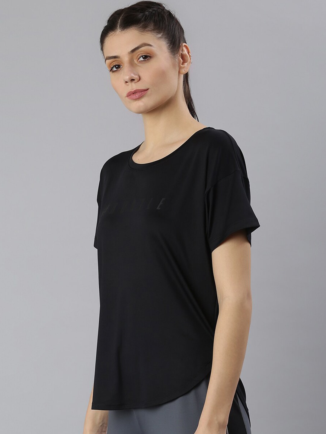MKH Women Black Typography Printed Dri-FIT Sports T-shirt 