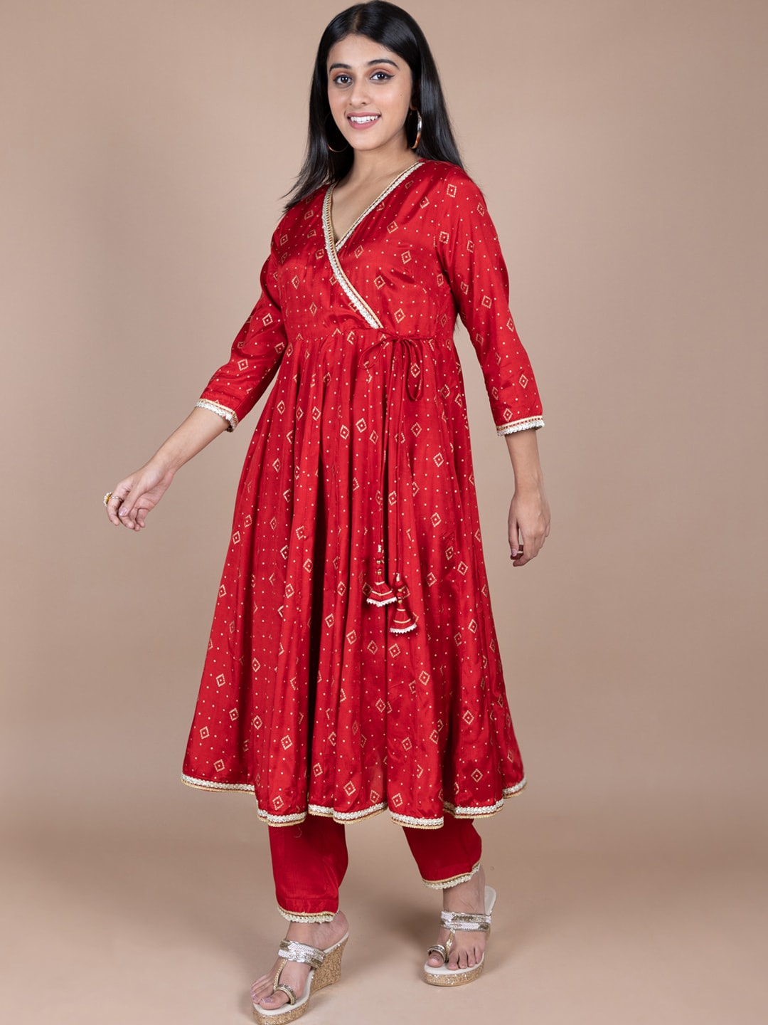 HERE&NOW Red & Beige Ethnic Motifs Printed Angrakha Gotta Patti Kurta with Trousers