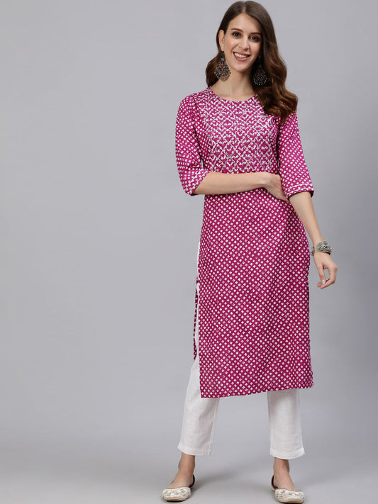 Jaipur Kurti Women Magenta Printed Straight Kurta With Embroidered Yoke Design | Grab2Buy