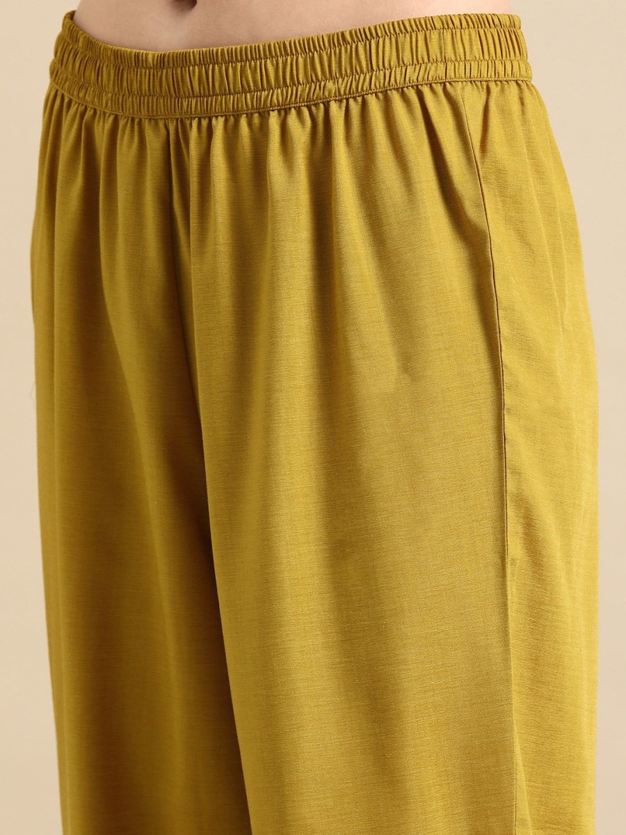 All About You Women Mustard Yellow Floral Embroidered Thread Work Kurta with Trousers