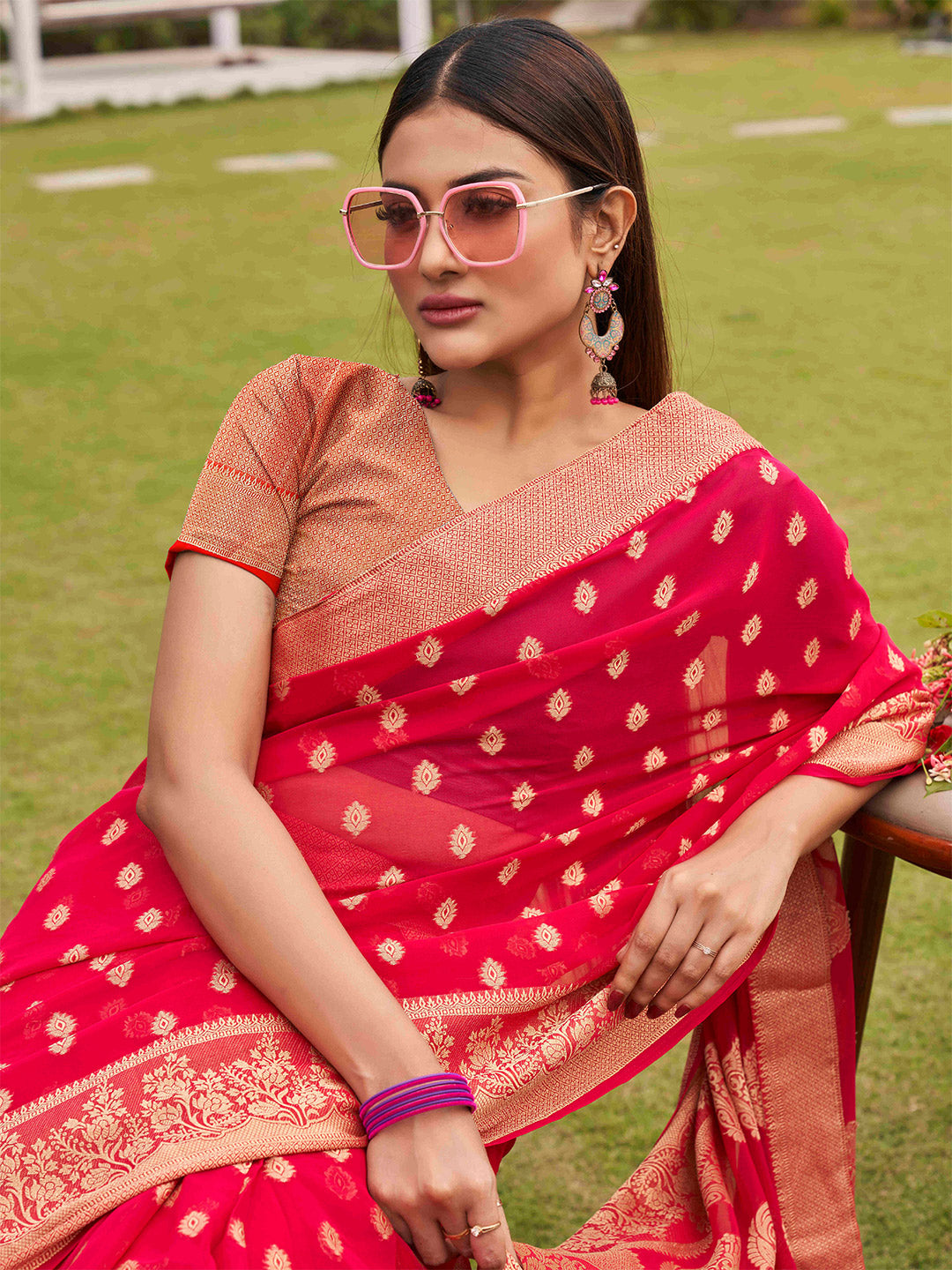 Tikhi Imli Pink Ethnic Motifs Woven Design Zari Grab2Buy 