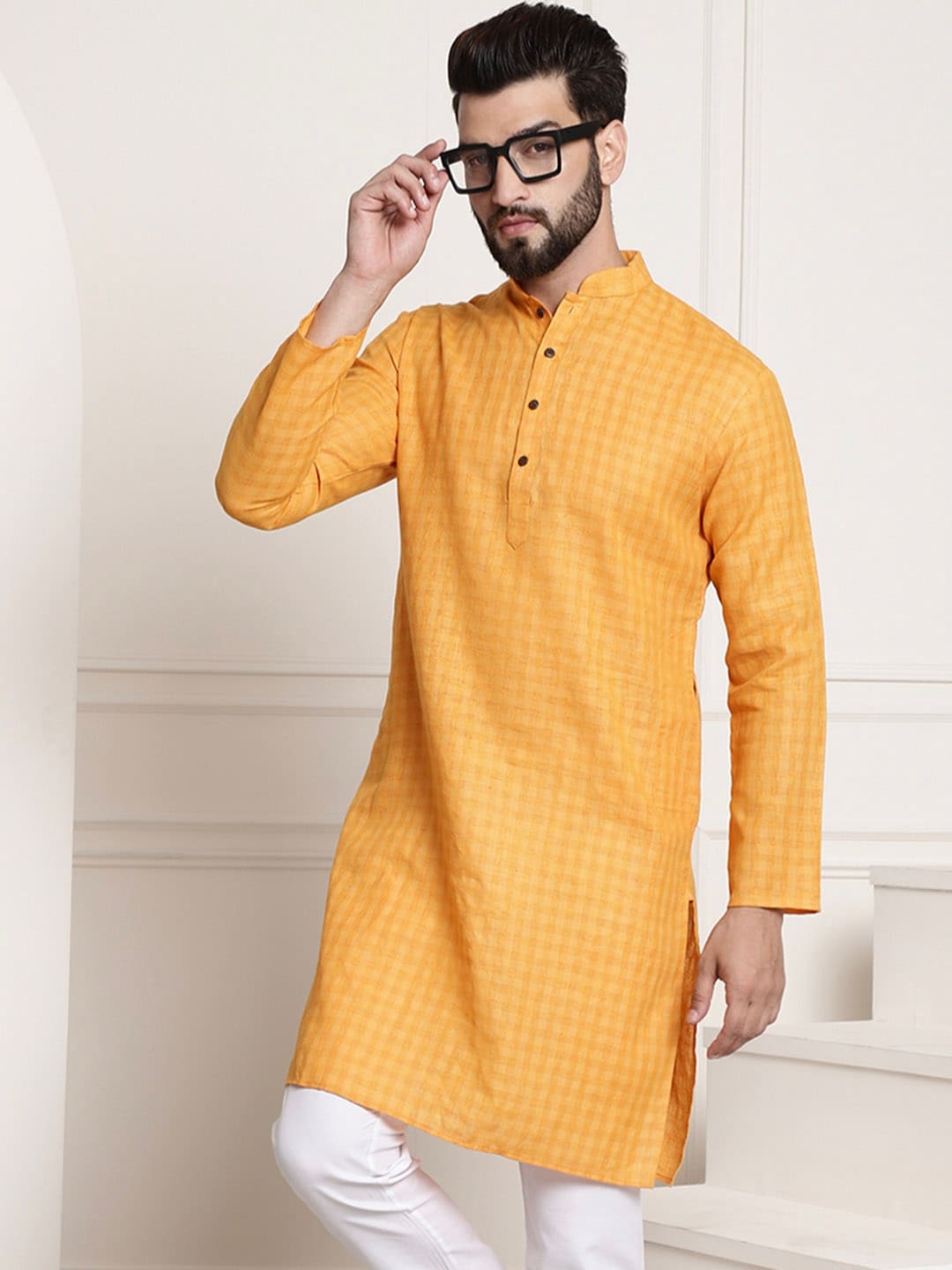 Sojanya Men Mustard Yellow Dobby Self-Checked Straight Kurta 