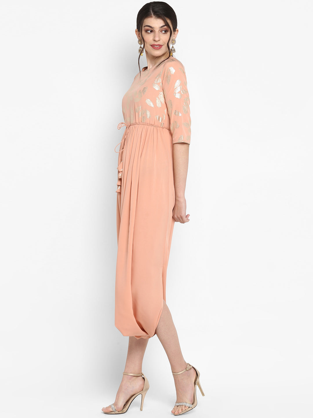 Janasya Women Peach-Coloured & Silver-Toned Printed A-Line Kurta