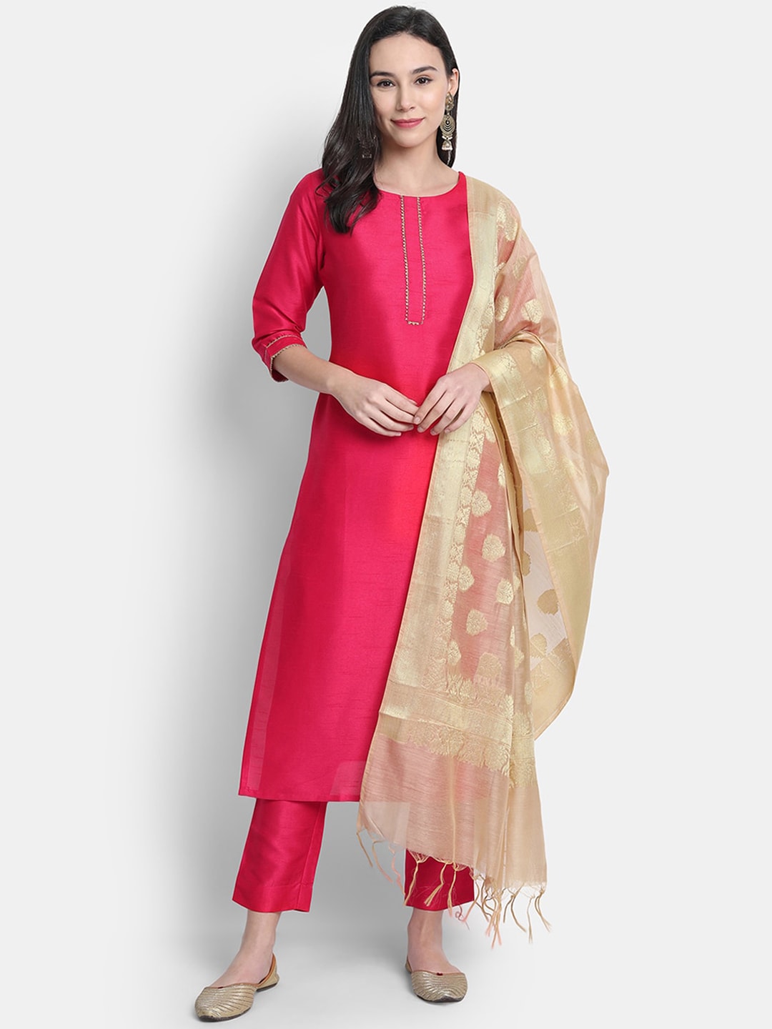 Janasya Women Pink Kurta with Trousers & With Dupatta