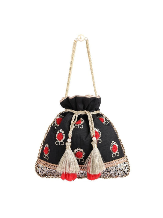 Masq Black & Red Embellished Embroidered Potli Clutch 