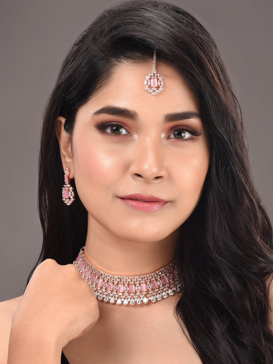 Saraf RS Jewellery Rose Gold-Plated & Pink AD Studded Handcrafted Jewellery Set - Grab2buy