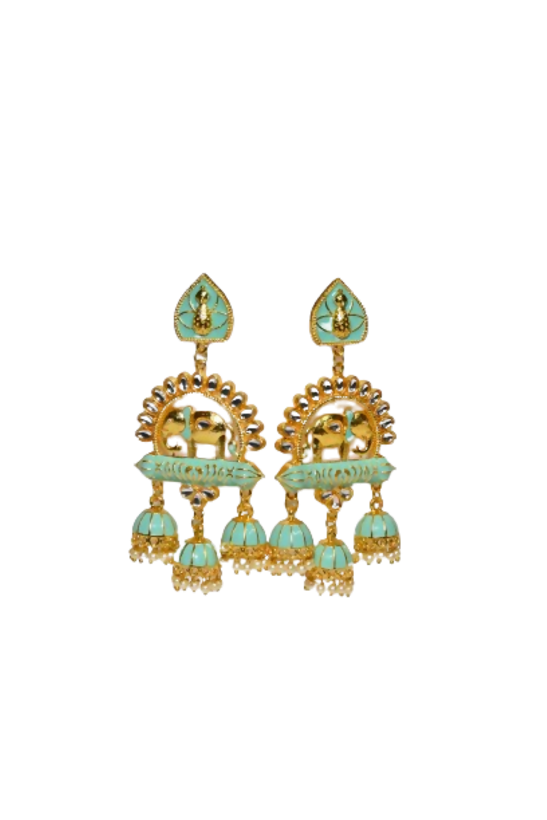 Green Traditional Gold-Polished Elephant Design Kundan Jhumka Jhumki Earrings Indian Jewellery For Women & Girls By House of Ree House of Ree