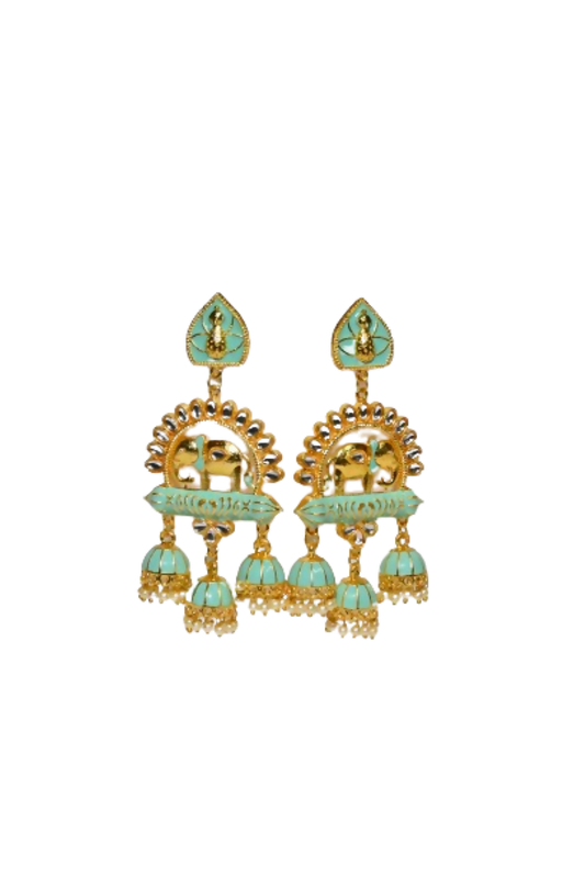 Green Traditional Gold-Polished Elephant Design Kundan Jhumka Jhumki Earrings Indian Jewellery For Women & Girls By House of Ree House of Ree