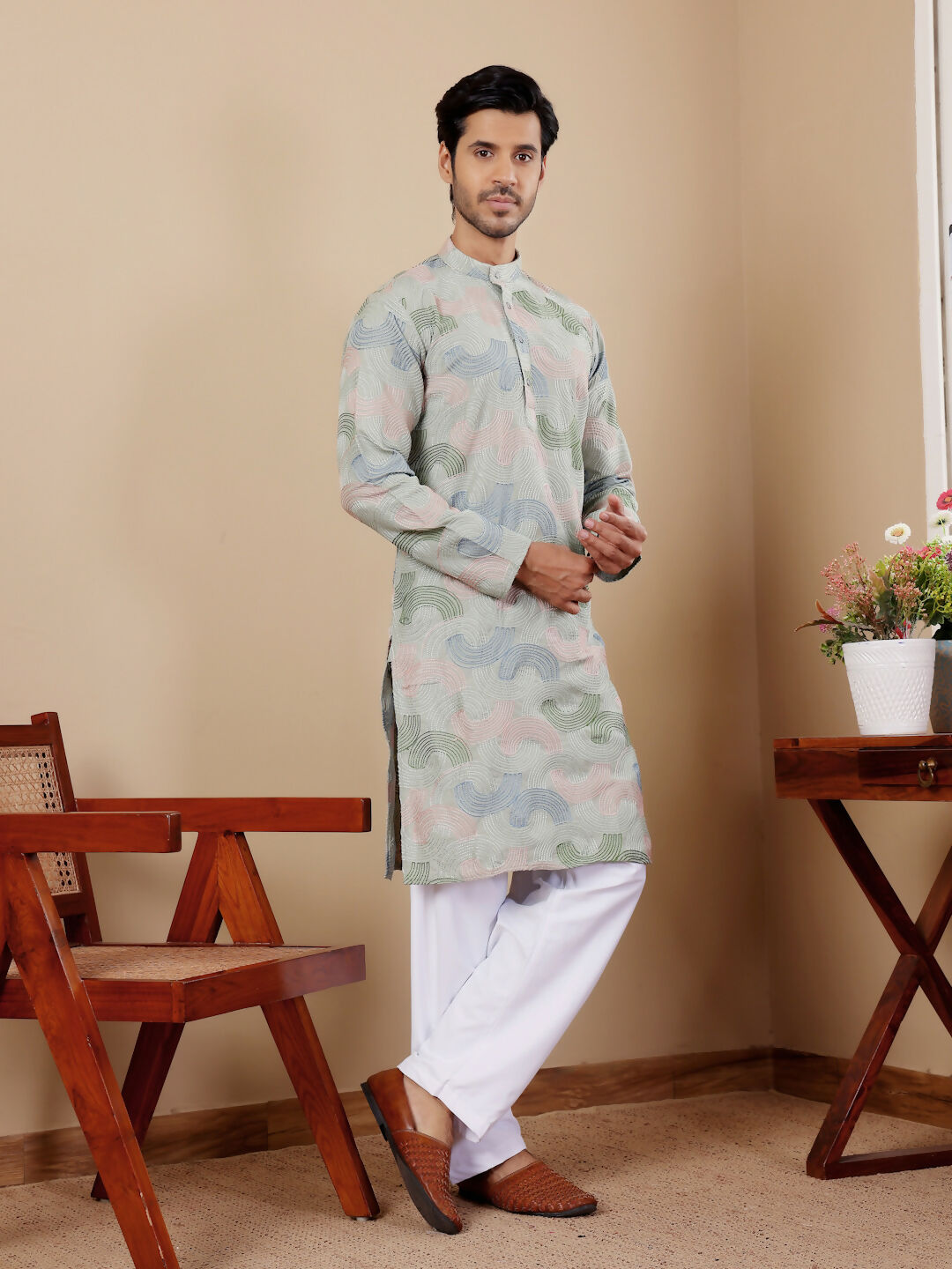 Pistel Green Linen Designer Embroidery Work Men's Rajwadi Kurta Set - Mahotsav