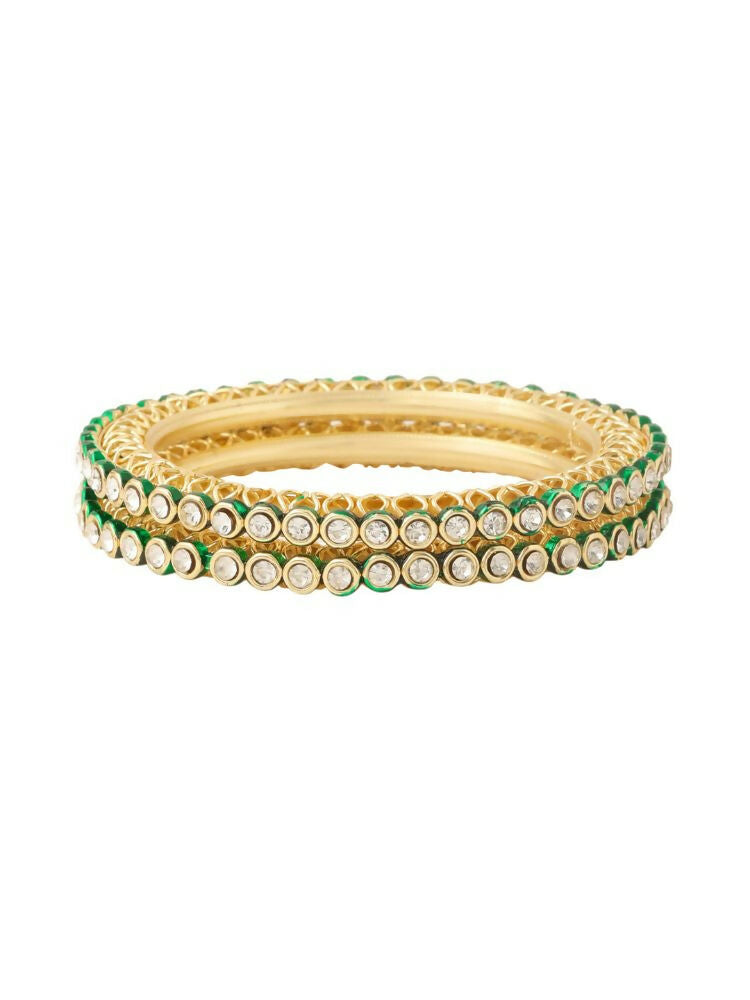 NVR Women Set of 2 Gold-Polished Green Kundan Studded Bangles 