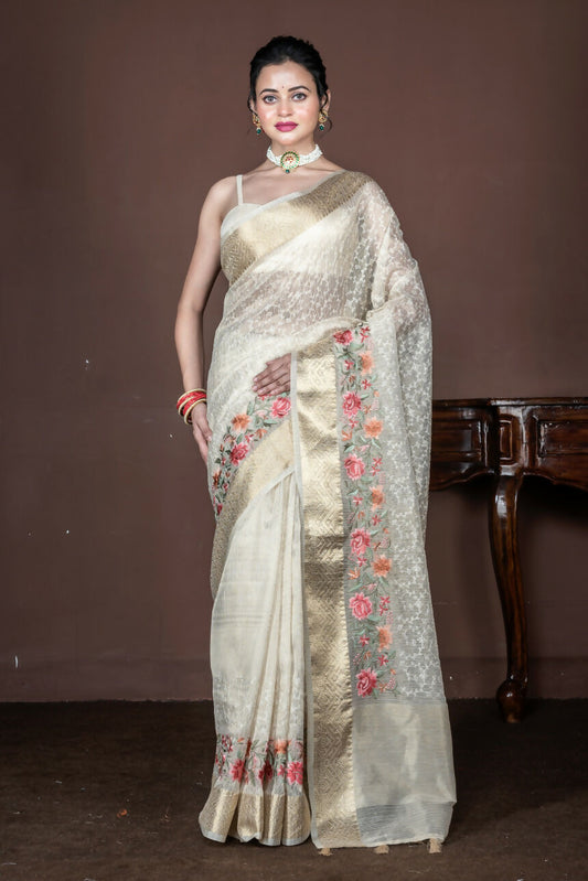 Morchari Beige Banarasi Tissue Computer Embroidery Grab2Buy Unstitched Blouse