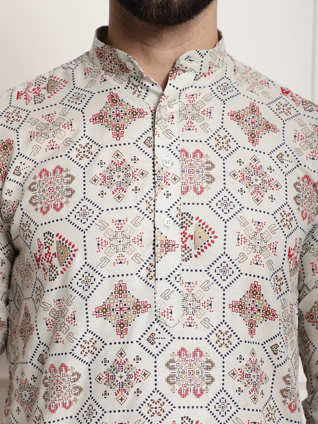 Sojanya Men Beige Printed Cotton Linen Kurta with Churidar 
