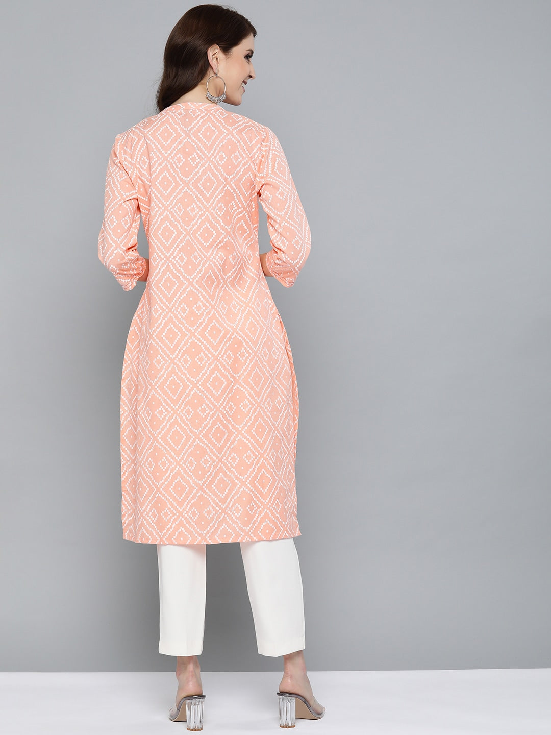 HERE&NOW Women Peach-Coloured & White Bandhani Print Straight Kurta