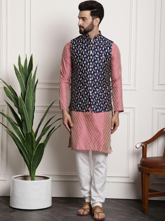 Sojanya Men Pink Ethnic Motifs Kurta with Pyjamas & Nehru Jacket 